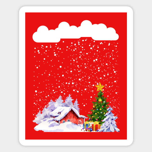 Cozy snow cabin mountain snow storm snowy Christmas tree Magnet by Artstastic